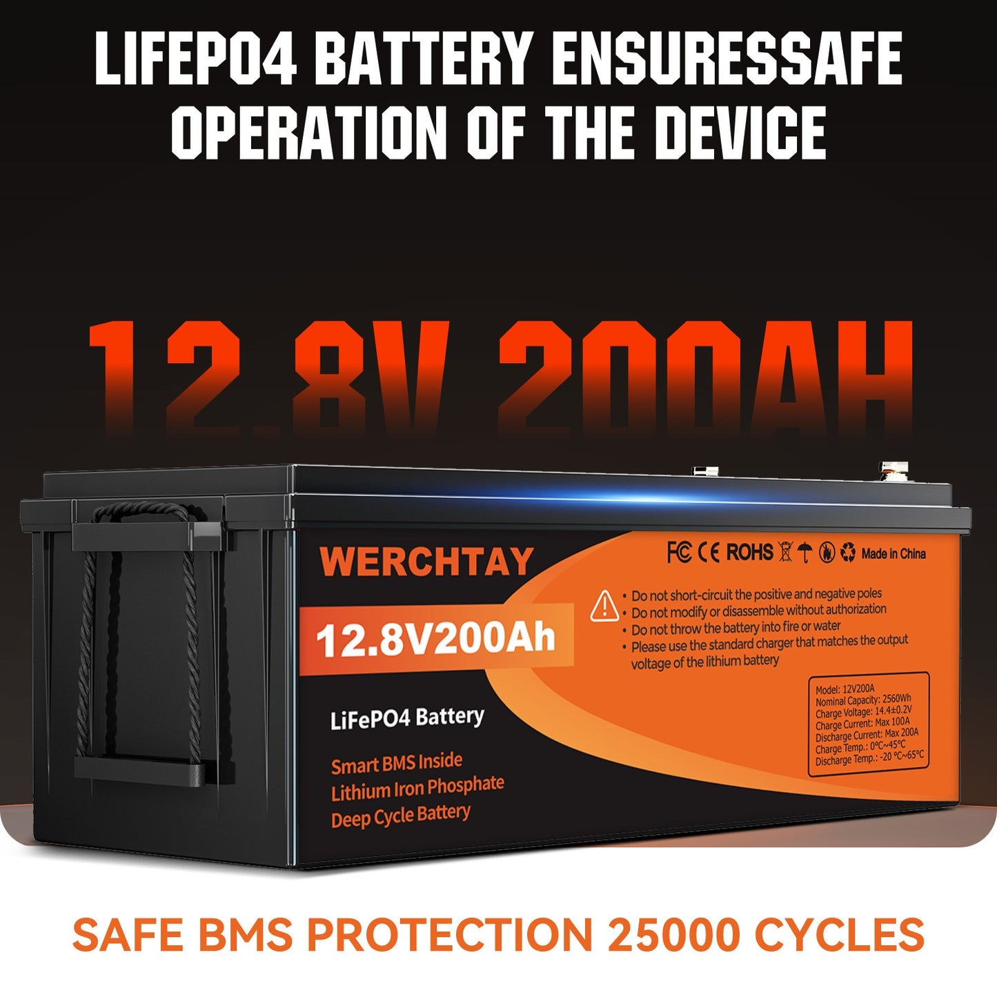 Lithium Accu – LiFePO4 Accu – Oplaadbare Batterij – Deep Cycle Accu – Solar Accu – 12,8V 200Ah – Slim BMS Systeem & 15.000+ Levenscycli