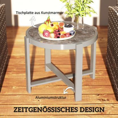 Bijzettafel – Bijzettafeltje – Sidetable – Tuinmeubel – Balkon Tafel – Grijs – Weerbestendig Aluminium – Marmerlook Blad – Compact Design – Onderhoudsvriendelijk