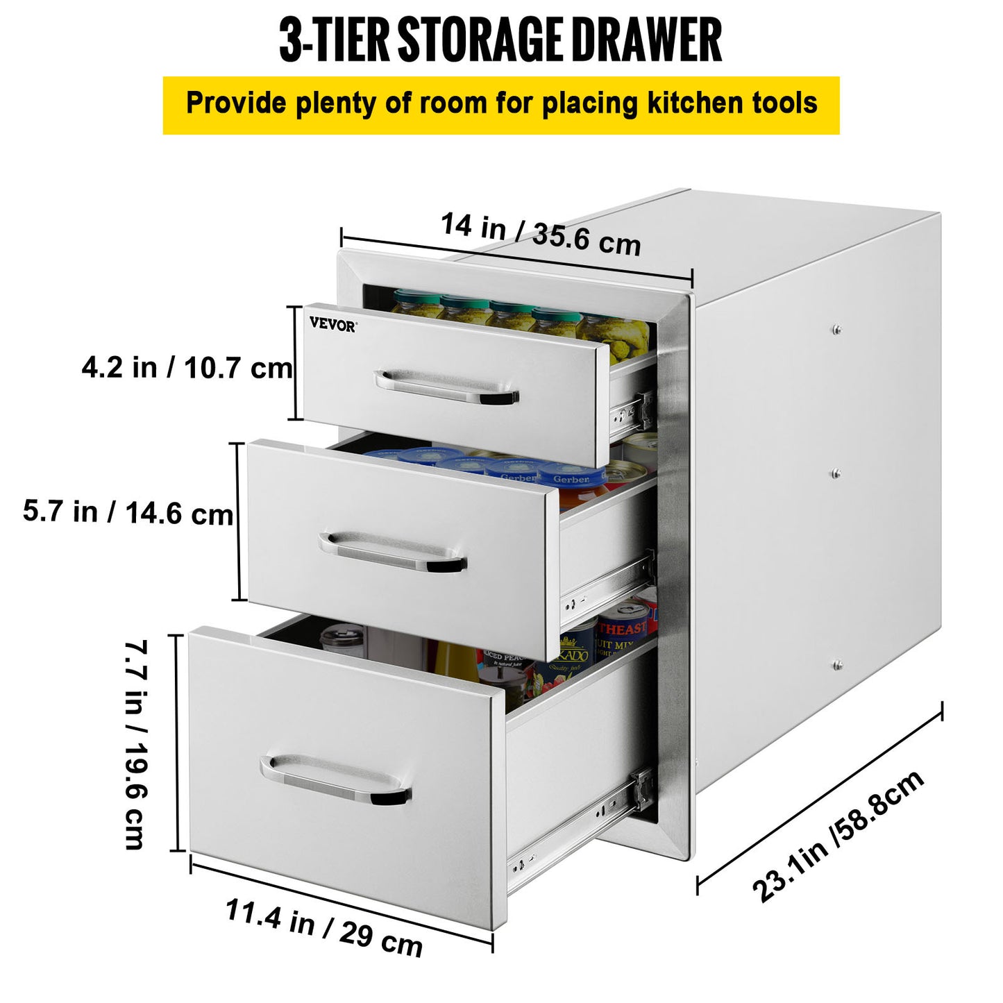 3-Laagse Lade – Keukenkastje – Opberglade – BBQ Lade – RVS Lade – Roestvrij Staal – Weerbestendig En Geruisloos – 35x58 cm