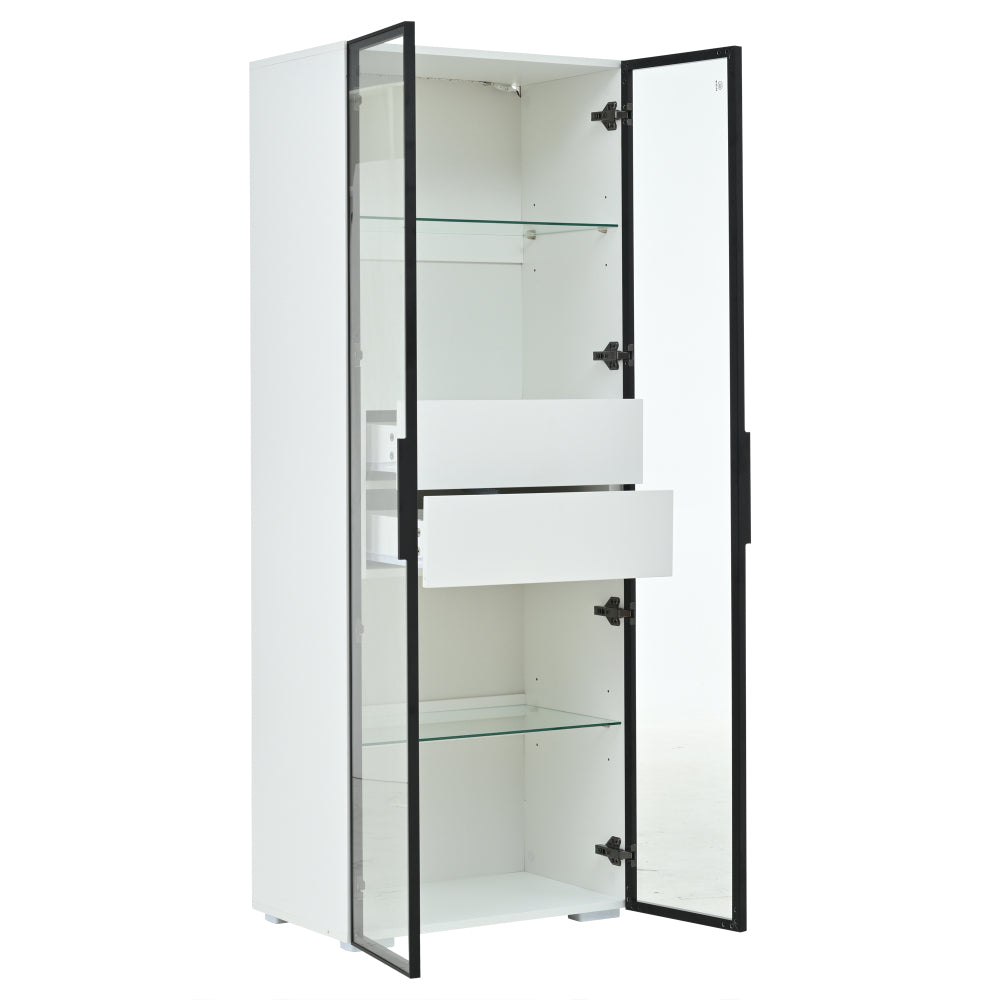 Modern Tall White Display & Storage Cabinet with 2 Glass Shelves & 2 Drawers - Sofa/Buffet/Living Room Cabinet, Space-Saving Furniture for Small Apartments, Durable Metal Frame, Contemporary Design