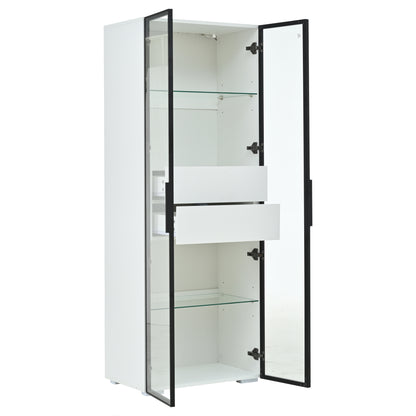 Modern Tall White Display & Storage Cabinet with 2 Glass Shelves & 2 Drawers - Sofa/Buffet/Living Room Cabinet, Space-Saving Furniture for Small Apartments, Durable Metal Frame, Contemporary Design