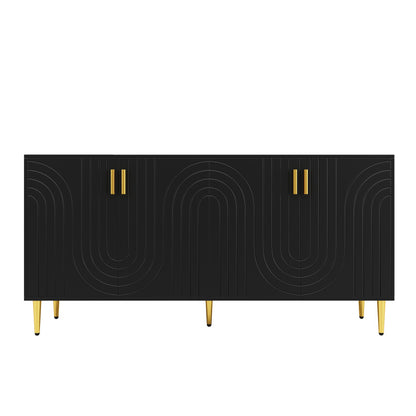 Dressoir – Sideboard – Buffetkast – Opbergkast – Ladekast – Zwart – Uniek Golvend Design – Gouden Handgrepen & Poten – 152x40x75 cm