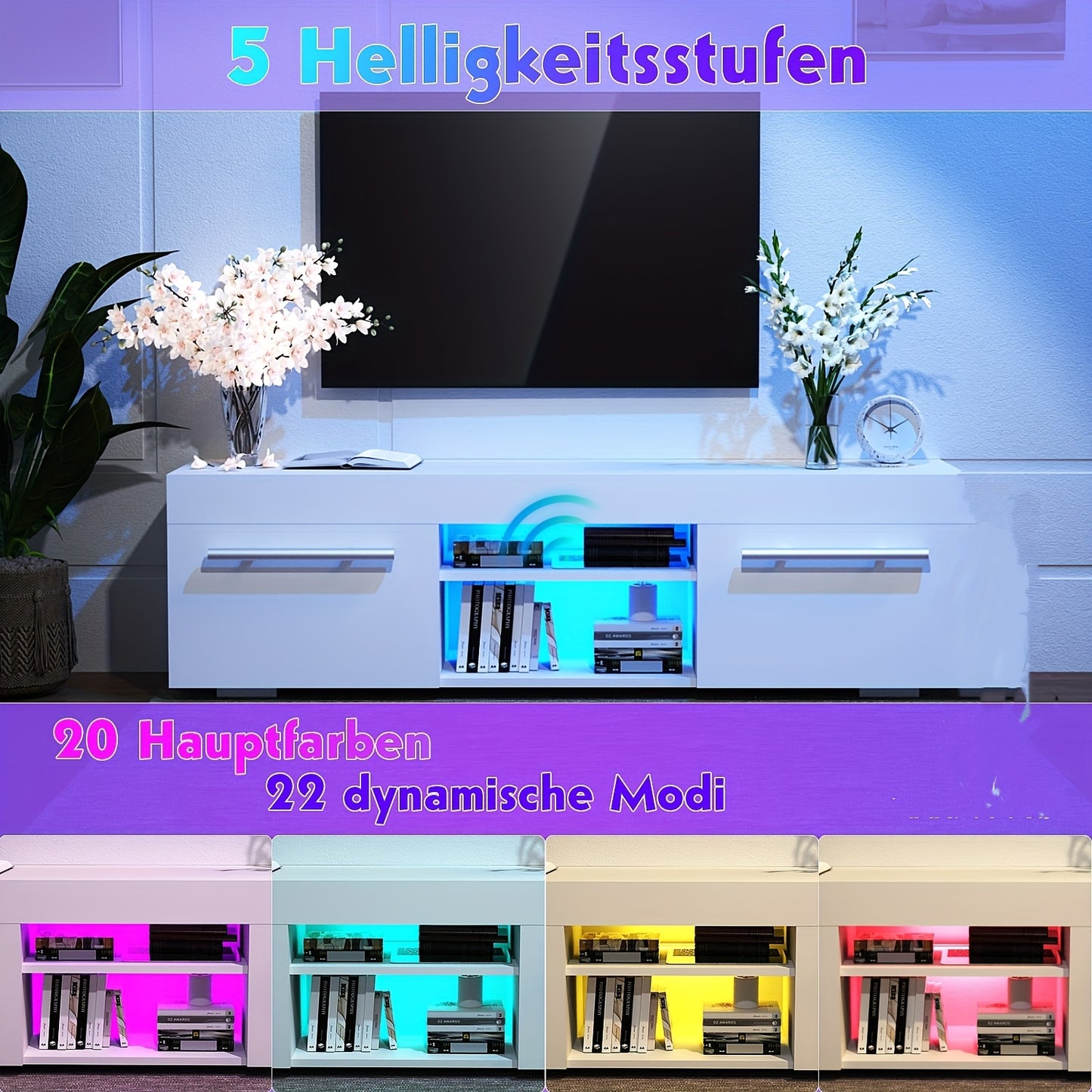 TV-kast – Tv-meubel – Mediameubel – Tv-dressoir – Entertainmentmeubel – Modern Wit Hoogglans – LED Sfeerverlichting – Ruime Opbergruimte – 130 cm – USB-aansluiting