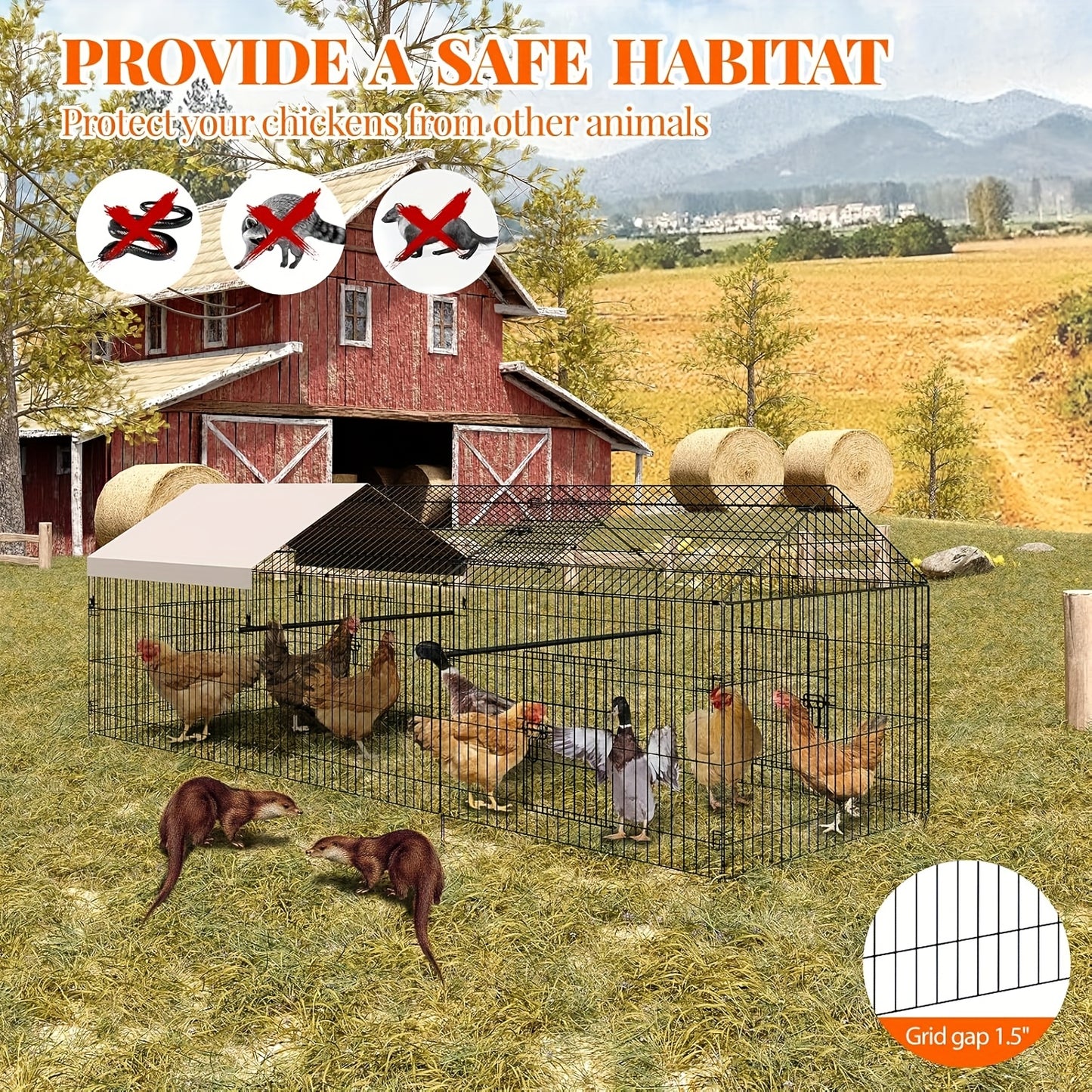 Kippenren – Kippenhok – Buitenren – Dierenren – Pluimveestal – Metalen Constructie – 330x100x100 cm – Weerbestendig Dak – 4 Toegangsdeuren