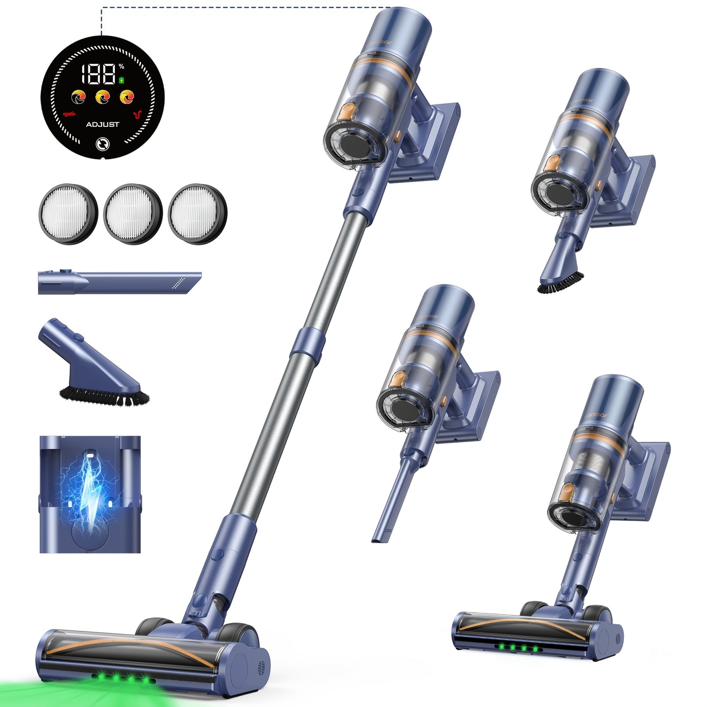 Draadloze Steelstofzuiger – Snoerloze Stofzuiger – Handstofzuiger – Duwstofzuiger – Oplaadbare Stofzuiger – 90 Min Batterijduur – 650W Vermogen – Blauw