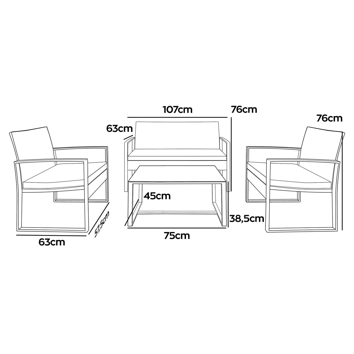 Loungeset – Tuinset – Zitgroep – Tuinmeubelen – Loungebank – Weerbestendig Metaal – Polyrattan – Inclusief Kussens – Glazen Tafelblad