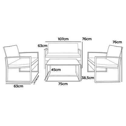 Loungeset – Tuinset – Zitgroep – Tuinmeubelen – Loungebank – Weerbestendig Metaal – Polyrattan – Inclusief Kussens – Glazen Tafelblad
