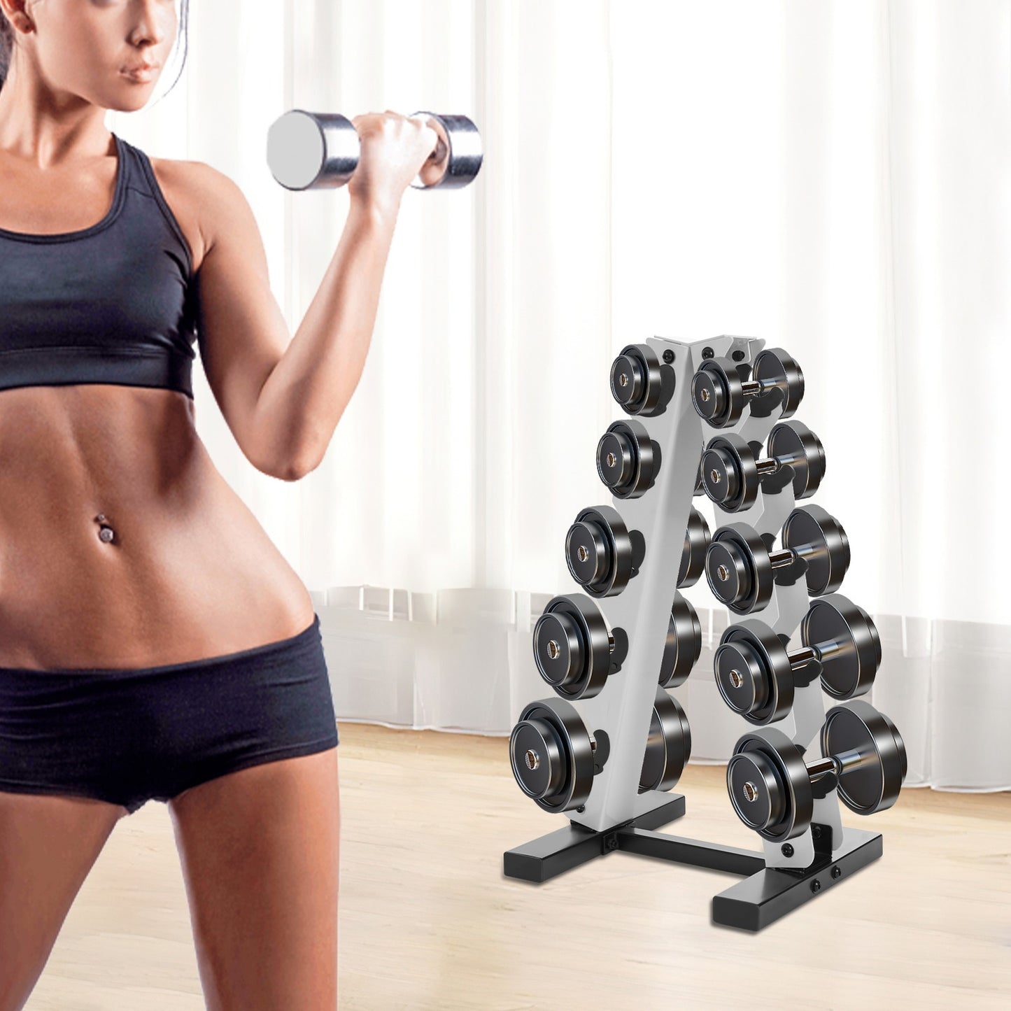 Halterschijfrek – Dumbbell Rek – Gewichtenrek – Schijvenstandaard – Opbergrek – Wit – 5 Laags A-Frame Design – Stijlvol en Ruimtebesparend