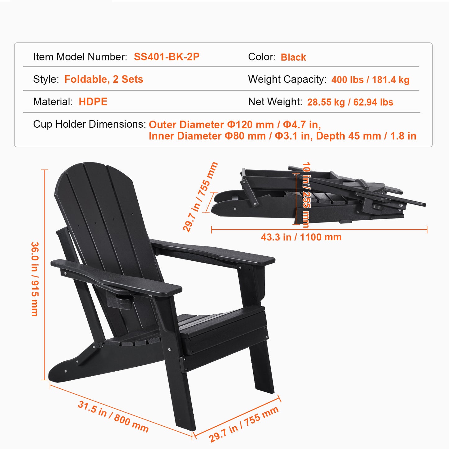 Inklapbare Adirondack Tuinstoelen – Tuinstoel, Schommelstoel, Buitenstoel, Campingstoel – Zwart – Weerbestendig HDPE Kunststof – Comfortabel Brede Zitting 105° Rugleuning