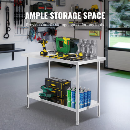 Professionele RVS Werktafel – Werkbank – Keukentafel – Werkbank RVS – RVS Werktafel Horeca – 122x61x86 cm – Verstelbare Legplanken – Roestvrij Staal SUS201