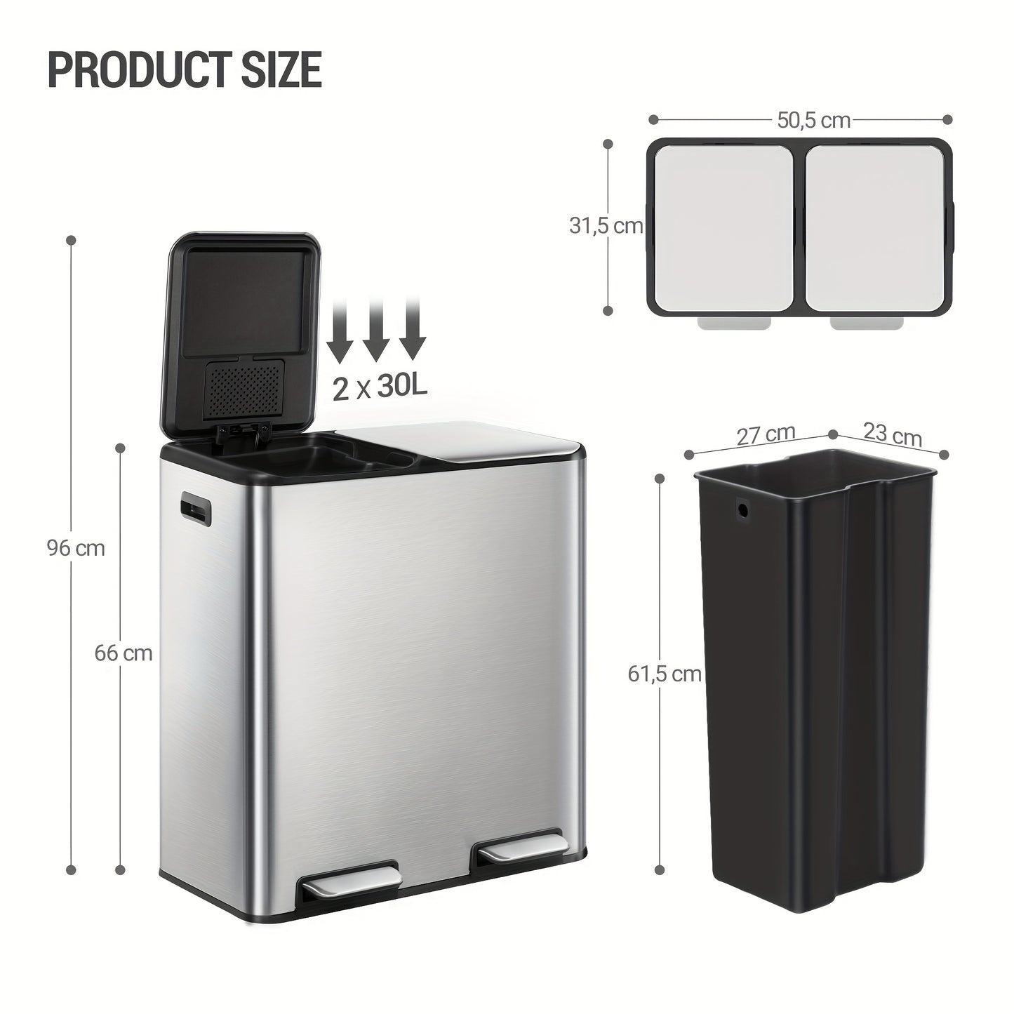 Prullenbak Keuken – Afvalbak – Afvalscheidingsprullenbak – Pedaalemmer – Vuilnisbak – RVS 60 Liter – Slow-close Deksel Met 2 Vak