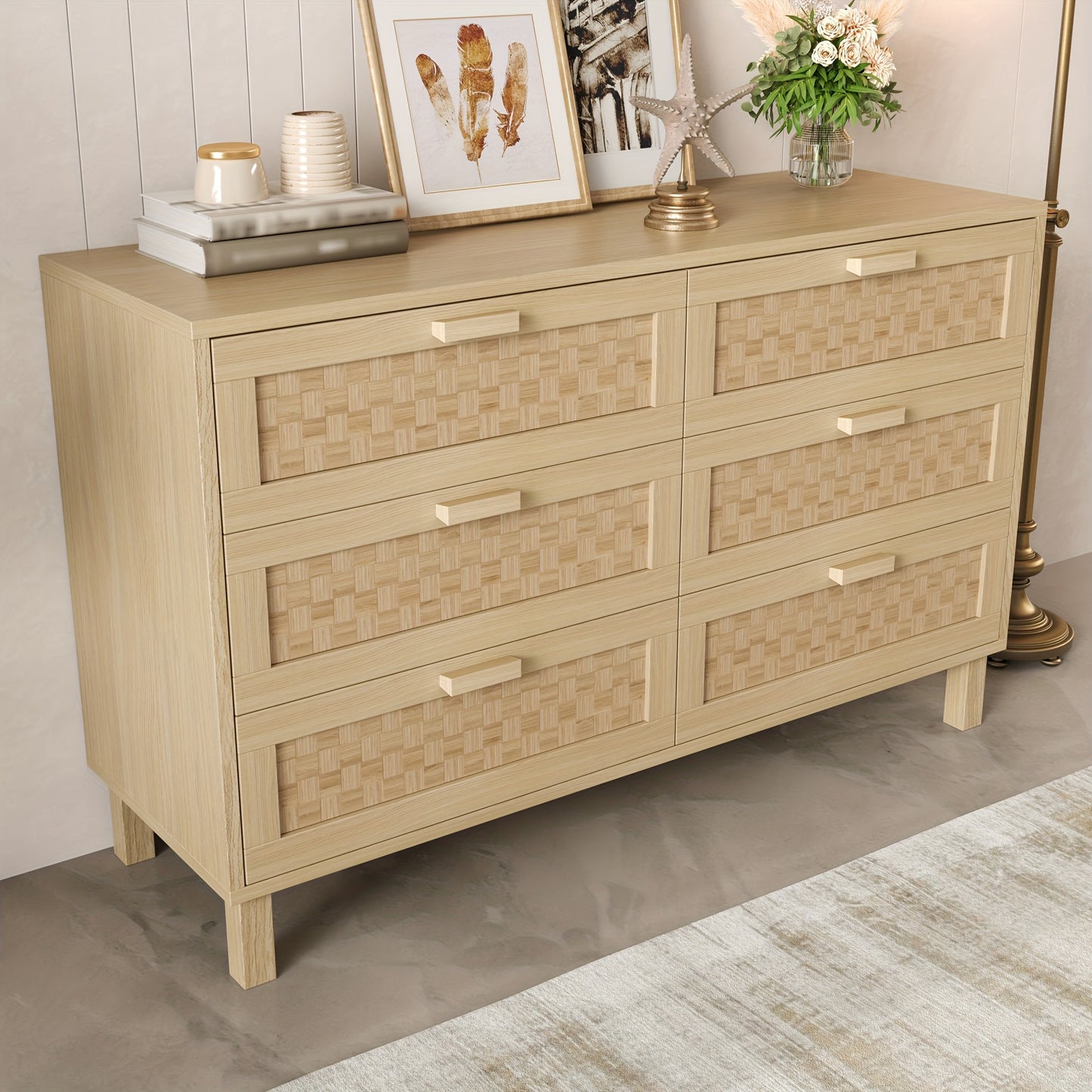 Ladekast – Ladenkast – Commode – Opbergkast – Kast – Bamboe met rieten frontjes – 6 lades, 3,2 kubieke voet opbergruimte – 69 cm hoog, eenvoudig te monteren