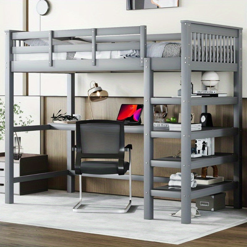 Hoogslaper – Loftbed – Stapelbed – Kinderbed – Eenpersoonsbed – Met Bureau en Opbergrekken – Metalen Stijlvol Frame – Ruimtebesparend Design – Grijs – Stevig en Duurzaam