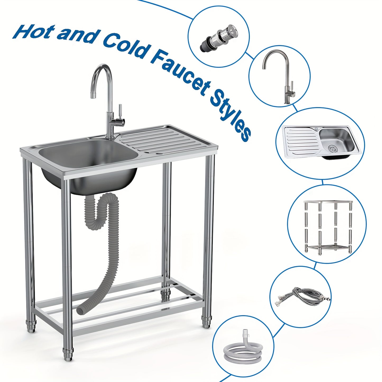 Stainless Steel Restaurant Sink with Workbench, Standalone Outdoor Sink with Hot And Cold Water Taps, Industrial Restaurant Sink Easy to Assemble And Move, Suitable for Garage, Garden, Restaurant, Kitchen, Kitchen Sink, Kitch
