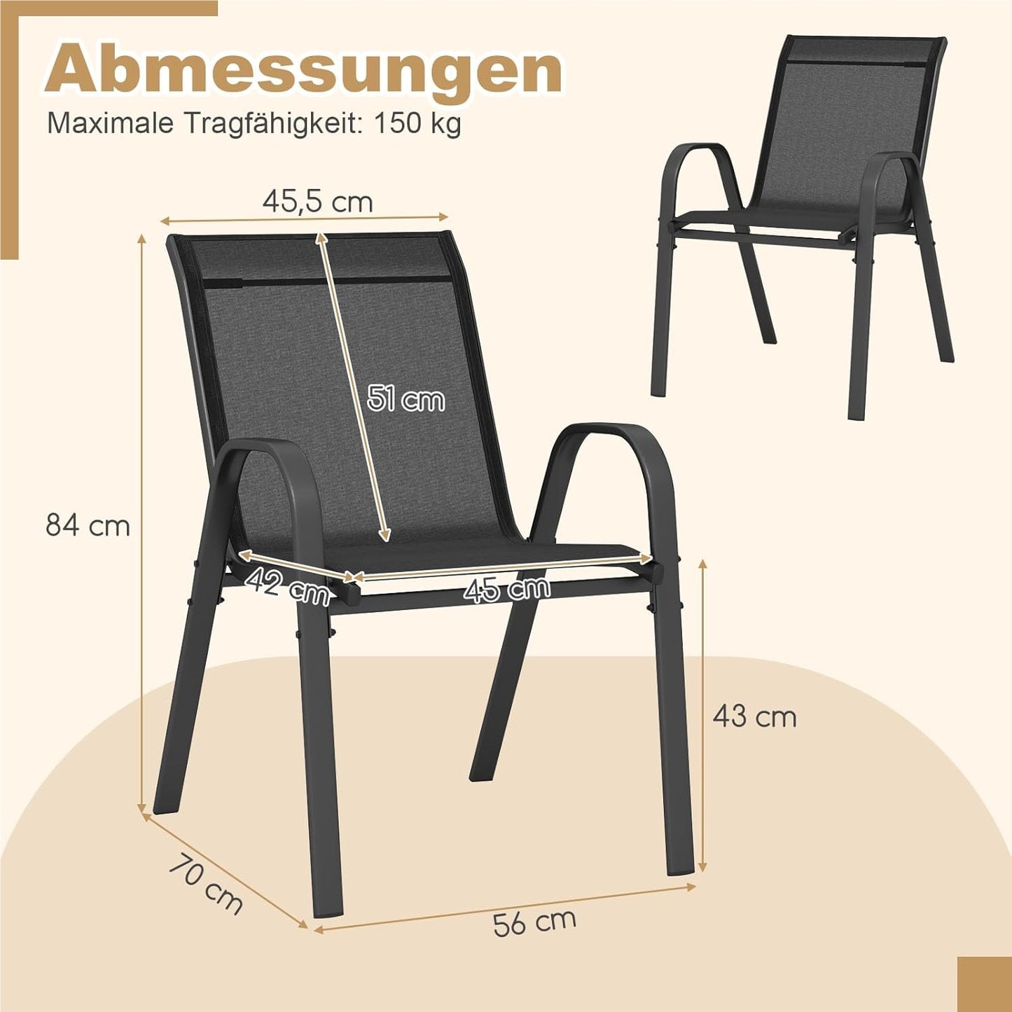 Tuinstoelen – Tuinstoelen – Balkonstoelen – Terrasstoelen – Stapelbare Stoelen – Metalen Frame – Ergonomisch Met Armleuningen – Draagvermogen 150 kg – Zwarte Textiel Bekleding