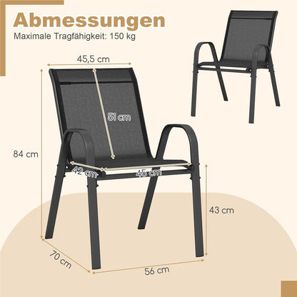 Tuinstoelen – Tuinstoelen – Balkonstoelen – Terrasstoelen – Stapelbare Stoelen – Metalen Frame – Ergonomisch Met Armleuningen – Draagvermogen 150 kg – Zwarte Textiel Bekleding