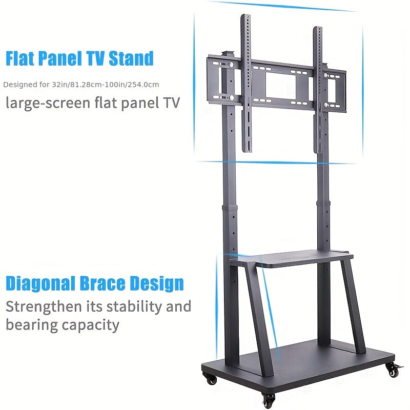 TV Meubel Mobiel – Mobiele TV Standaard – TV Trolley – Verrijdbare TV-Standaard – Verrijdbaar TV-Meubel – voor 32-100 inch Schermen – Verstelbare Hoogte – Stevig Metaal – max. 80 kg Draagkracht – 2 Opberglepels – VESA tot 800x600 mm