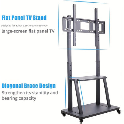 TV Meubel Mobiel – Mobiele TV Standaard – TV Trolley – Verrijdbare TV-Standaard – Verrijdbaar TV-Meubel – voor 32-100 inch Schermen – Verstelbare Hoogte – Stevig Metaal – max. 80 kg Draagkracht – 2 Opberglepels – VESA tot 800x600 mm