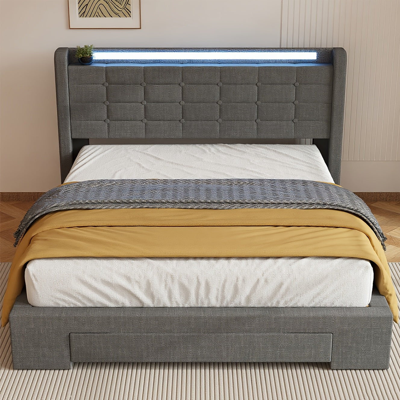 Bedframe – Gestoffeerd Bed – Slaapbank – Opbergbed – Platformbed – 140x200 cm – Hydraulische Lift & Lade – USB LED Verlichting – Grijs Linnen – Hout & Spaanplaat