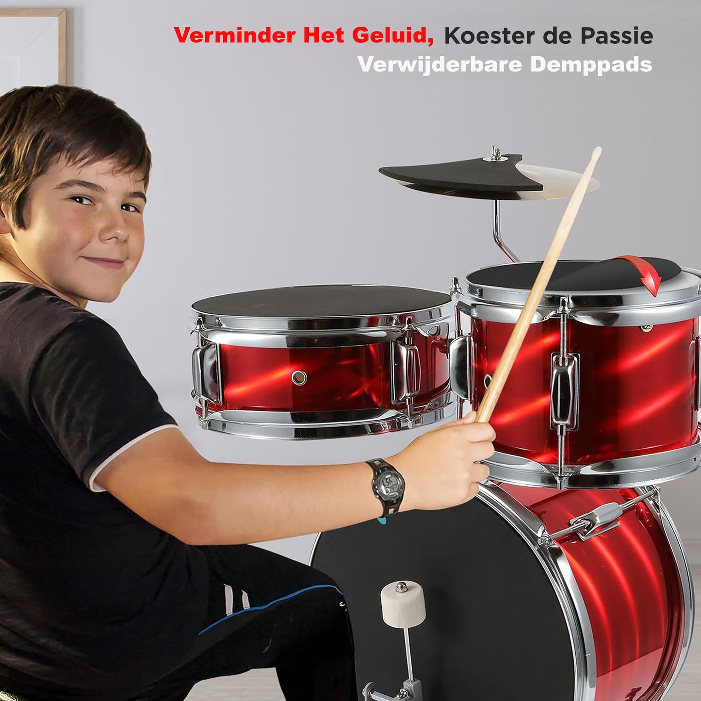 Kinder Drumstel – Kinderdrumset – Junior Drumstel – Beginners Drumkit – Kids Drums – Verstelbare Kruk – Inclusief Demppads – Rood Metallic