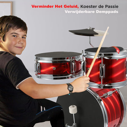 Kinder Drumstel – Kinderdrumset – Junior Drumstel – Beginners Drumkit – Kids Drums – Verstelbare Kruk – Inclusief Demppads – Rood Metallic