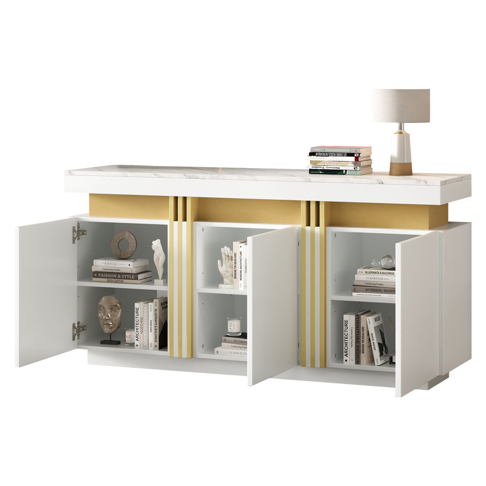 Modern White Sideboard/Display Cabinet | Three-Door Design with Adjustable Shelves, Suitable for Kitchens, Living Rooms, Dining Rooms, Hallways, Platinum Stitching, Spacious Handle-Less Compartments, Contemporary Style, Metal