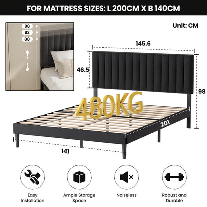 Bedframe – Gestoffeerd Bed – Tweepersoonsbed – Metalen Bed – Lattenbodem – Verstelbaar Hoofdbord – Stabiel Tot 480 kg – Zwart