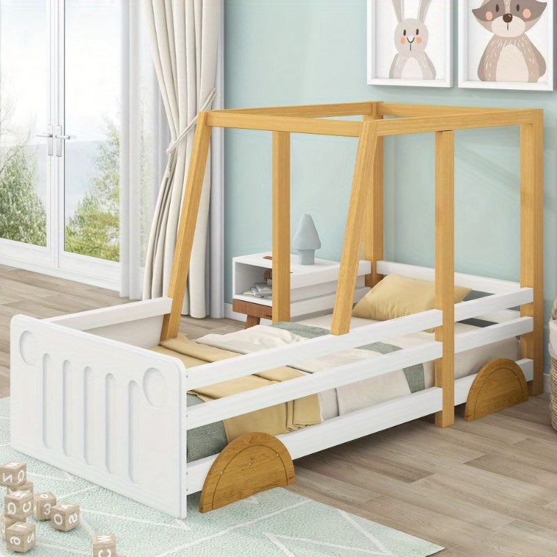Auto Bed – Kinderbed – Speelbed – Peuterbed – Juniorbed – MDF Wielen – Pin Frame Wit Natuurkleur – Afmeting 90x200 cm