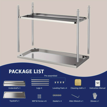 Heavy-Duty Commercial/Residential Stainless Steel Table 91.44cm x 60.96cm 2-Tier Prep Work Table with Adjustable Undershelf & Pre-Assembled Feet - Easy Assembly Large Service Table for Restaurant, Kitchen, Home, Garage - Dura