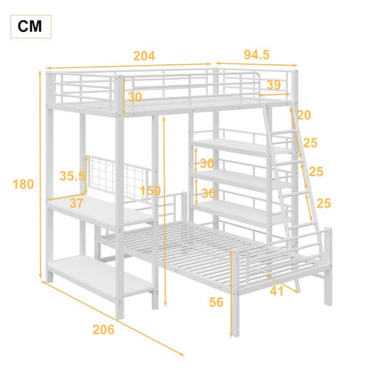 Hoogslaper – Loftbed – Stapelbed – Kinderbed – Eenpersoonsbed – Met Opbergrekken – 90x200 cm – Wit Metaal – Ruimtebesparend – Stevig