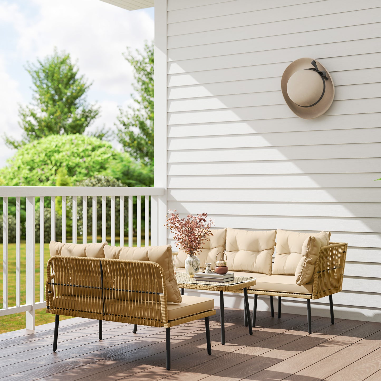 Tuinset 5-Zits – Loungeset – Balkonmeubels – Verandameubel – Buitenbank – Weerbestendig Stalen Frame – Comfortabele Waterafstotende Kussens – Natuurlijke Houtlook