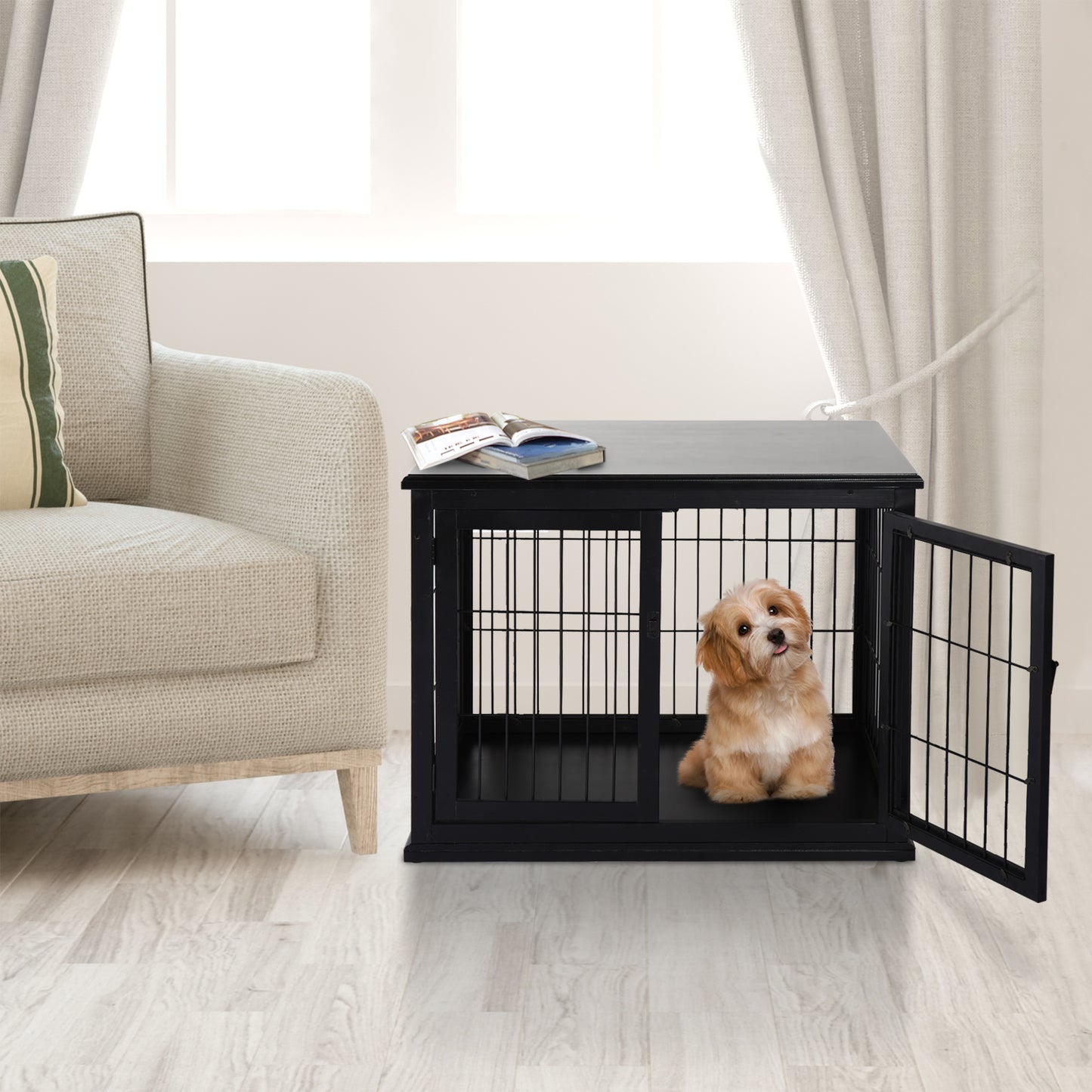 Hondenbench – Hondenkooi – Hondenhok – Hondenren – Hondenbench Zwart – MDF E1-klasse – 3 Slotbare Deuren – Geschikt Tot 30 Kg – 81x58x66 cm