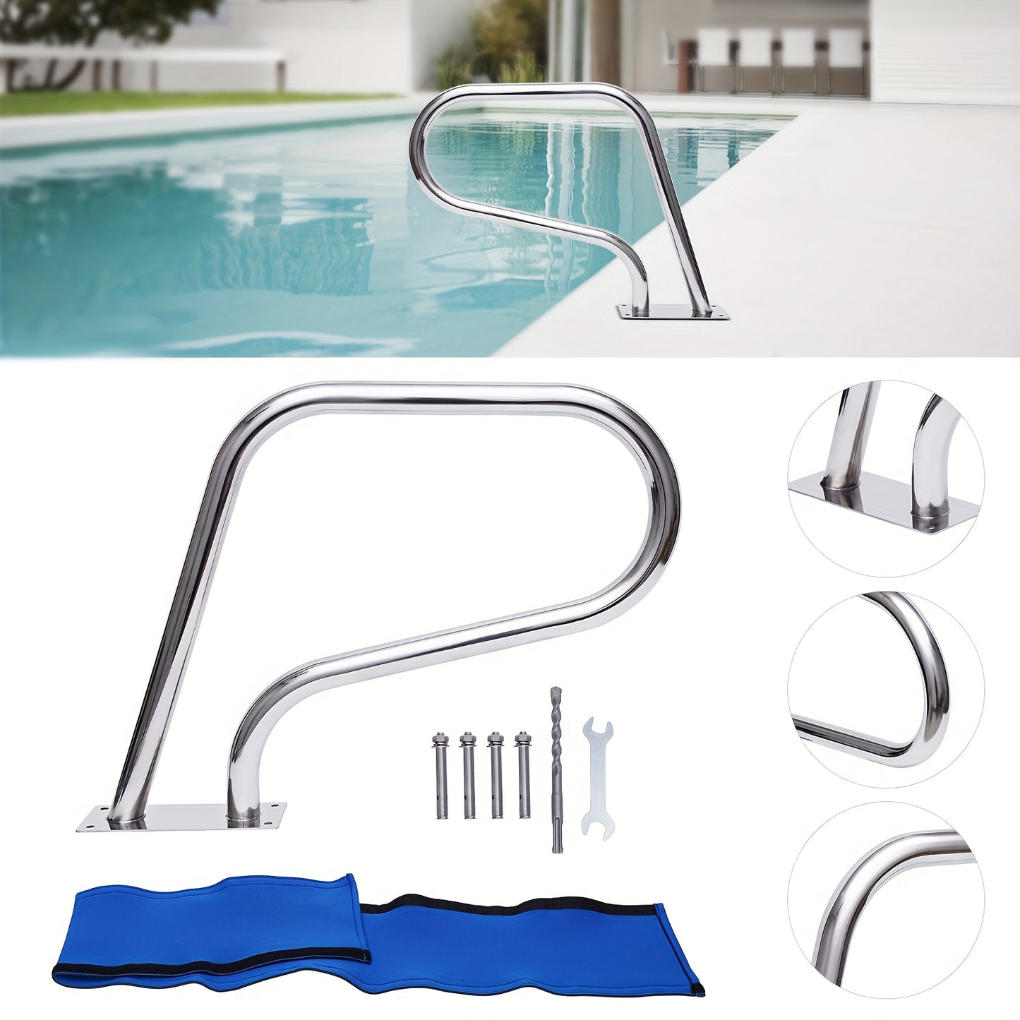 Handrail Zwembad – Zwembadrail – Poolrail – Poolhandgreep – Zwembadbeugel – Roestvrij Staal 304 – Neopreen Antislip Grip – Max 120 kg Belastbaar – Zilver