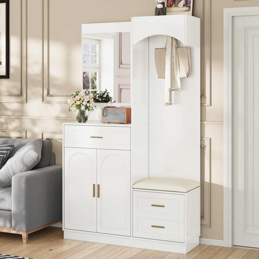 Gangkast – Halmeubel – Garderobekast – Opbergkast – Schoenenkast – Modern Design – Compact Met Spiegel – Witte Kast Met Gouden Accenten