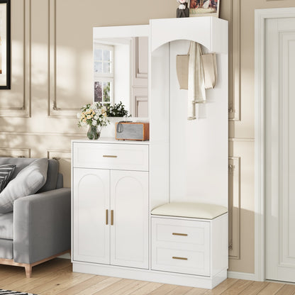 Gangkast – Halmeubel – Garderobekast – Opbergkast – Schoenenkast – Modern Design – Compact Met Spiegel – Witte Kast Met Gouden Accenten