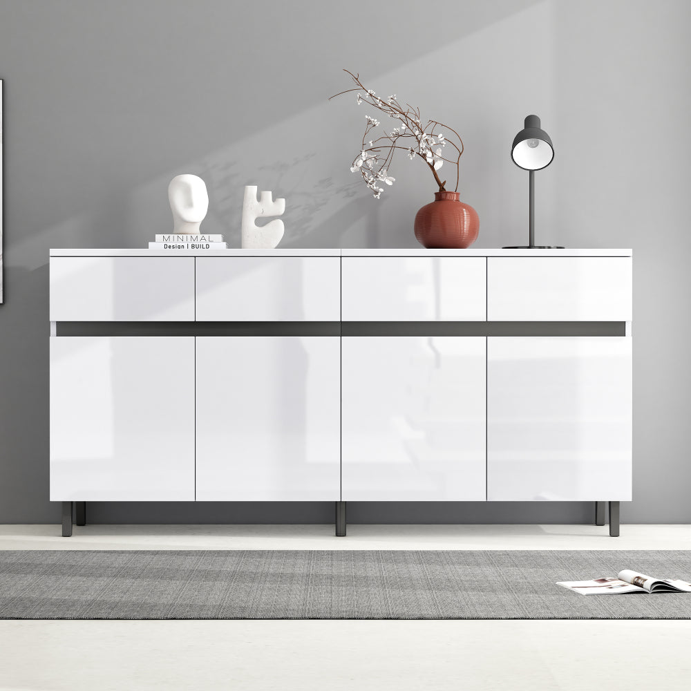 Moderne Kast – Opbergkast – Ladekast – Hoogglans Kast – Dressoir – Wit Hoogglans – 4 Ruime Lades – Verstelbare Planken