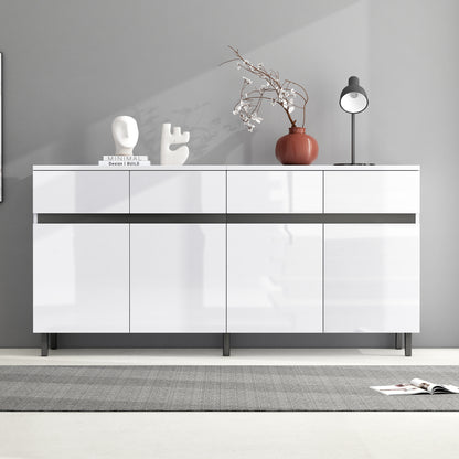 Moderne Kast – Opbergkast – Ladekast – Hoogglans Kast – Dressoir – Wit Hoogglans – 4 Ruime Lades – Verstelbare Planken