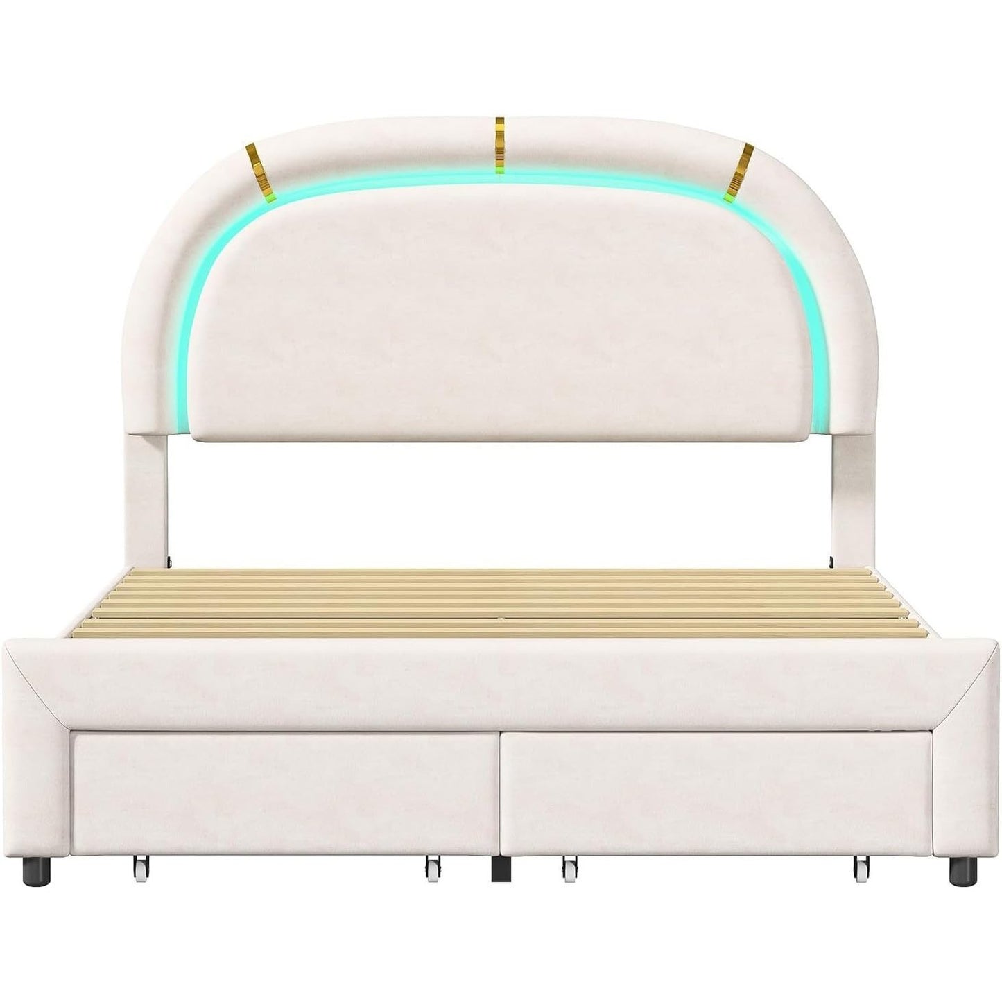 Upholstered Bed 140x200, Double Bed with Semi-Round Headboard, Adjustable Headboard, Storage Bed with 2 Drawers, Bed with Slatted Base, Single Bed, Beige