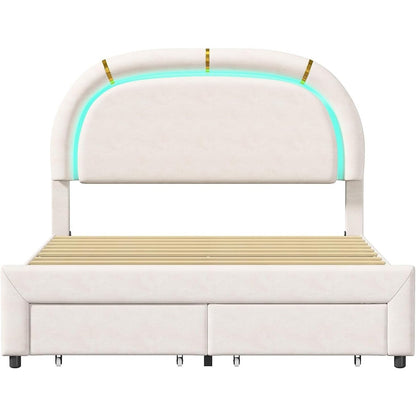 Upholstered Bed 140x200, Double Bed with Semi-Round Headboard, Adjustable Headboard, Storage Bed with 2 Drawers, Bed with Slatted Base, Single Bed, Beige