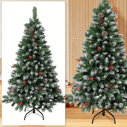 Kunstkerstboom – Nepkerstboom – Kerstboom – Kunstboom – Levensechte Kerstboom – 120 cm – PVC Takken met Sneeuweffect – Inclusief Rode Bessen en Dennenappels