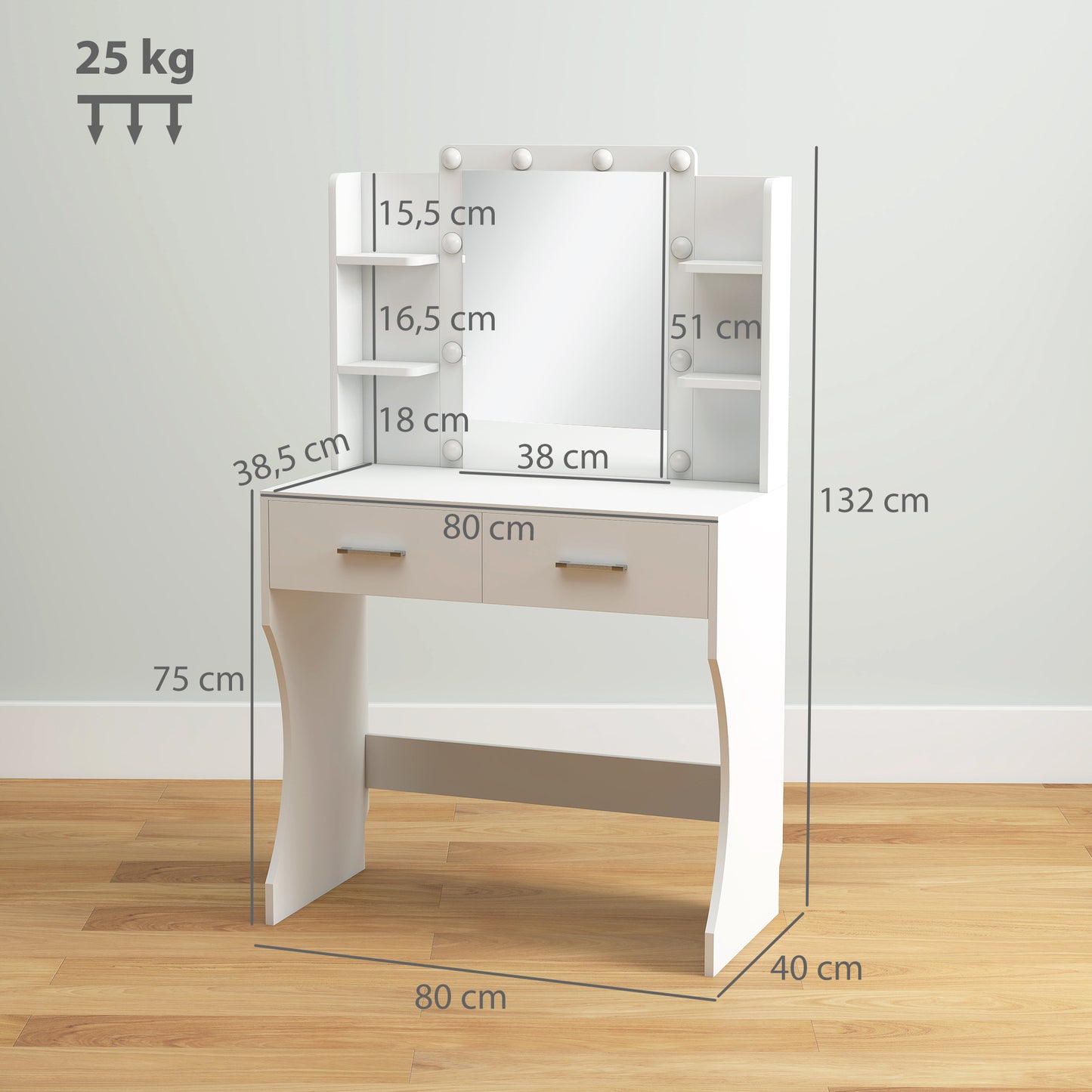 Make-uptafel – Make-up tafel – Make-up meubel – Beauty tafel – Schminktisch – Wit design – Dimbare LED-verlichting – Ruime opberglades