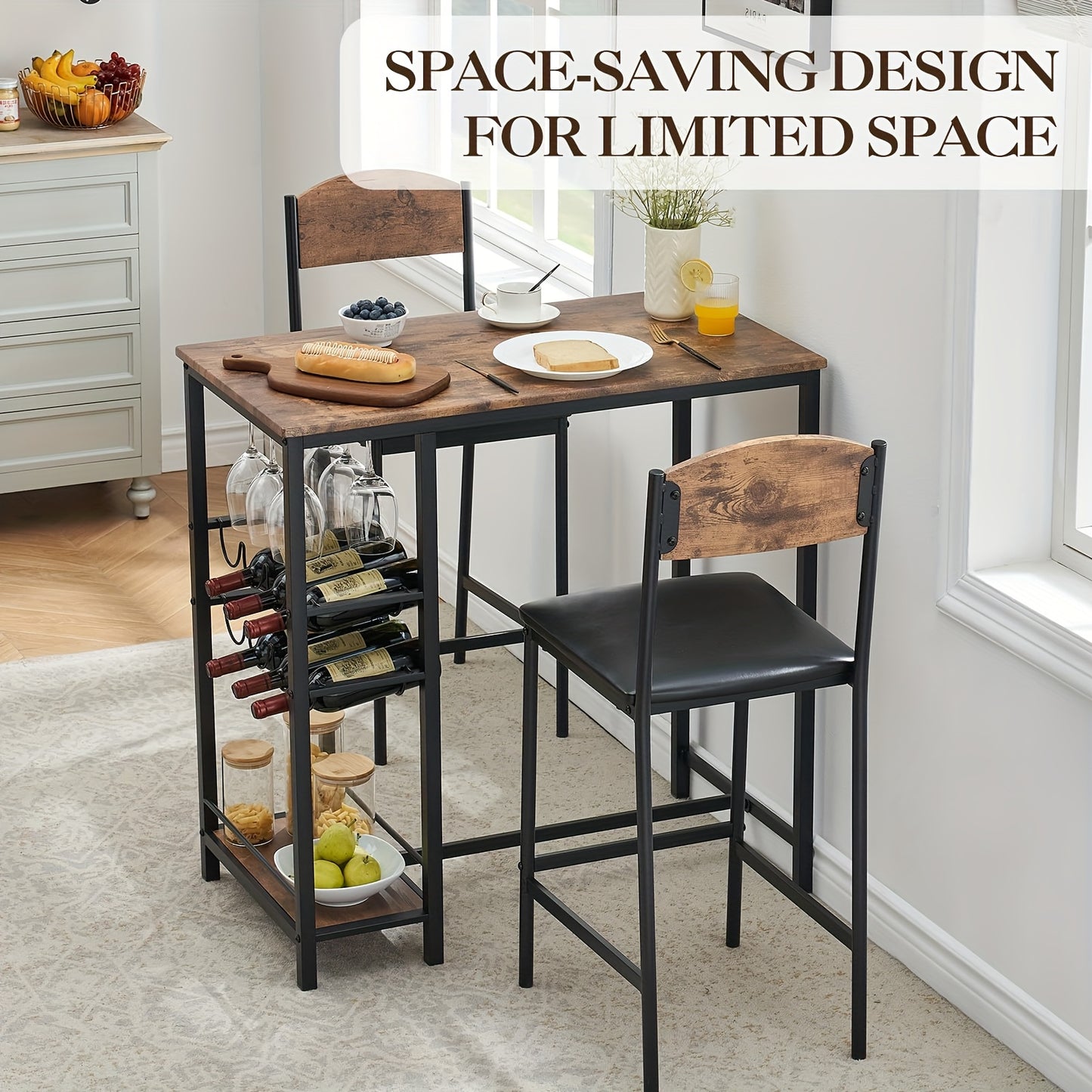 2-in-1 Counter Height Bar Table Set with Storage Shelf & Wine Rack - Space-Saving 3pcs Modern Dining Table with Cup Holders, Foldable Design