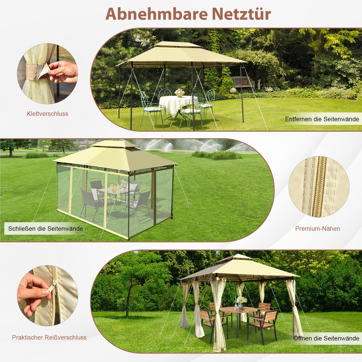 Metalen Tuinpaviljoen – Partytent – Tuintent – Serre – Overkapping – 3x4m – Afneembare Zijwanden – Stevig Stalen Frame – Weerbestendig Polyester – Beige