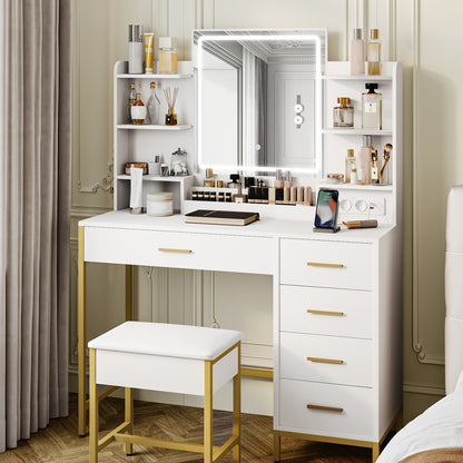 Make-uptafel – Kaptafel – Vanity – Sieradekast – Make-upmeubel – Wit Gouden – Verstelbare LED-verlichting – Groot HD-spiegeloppervlak