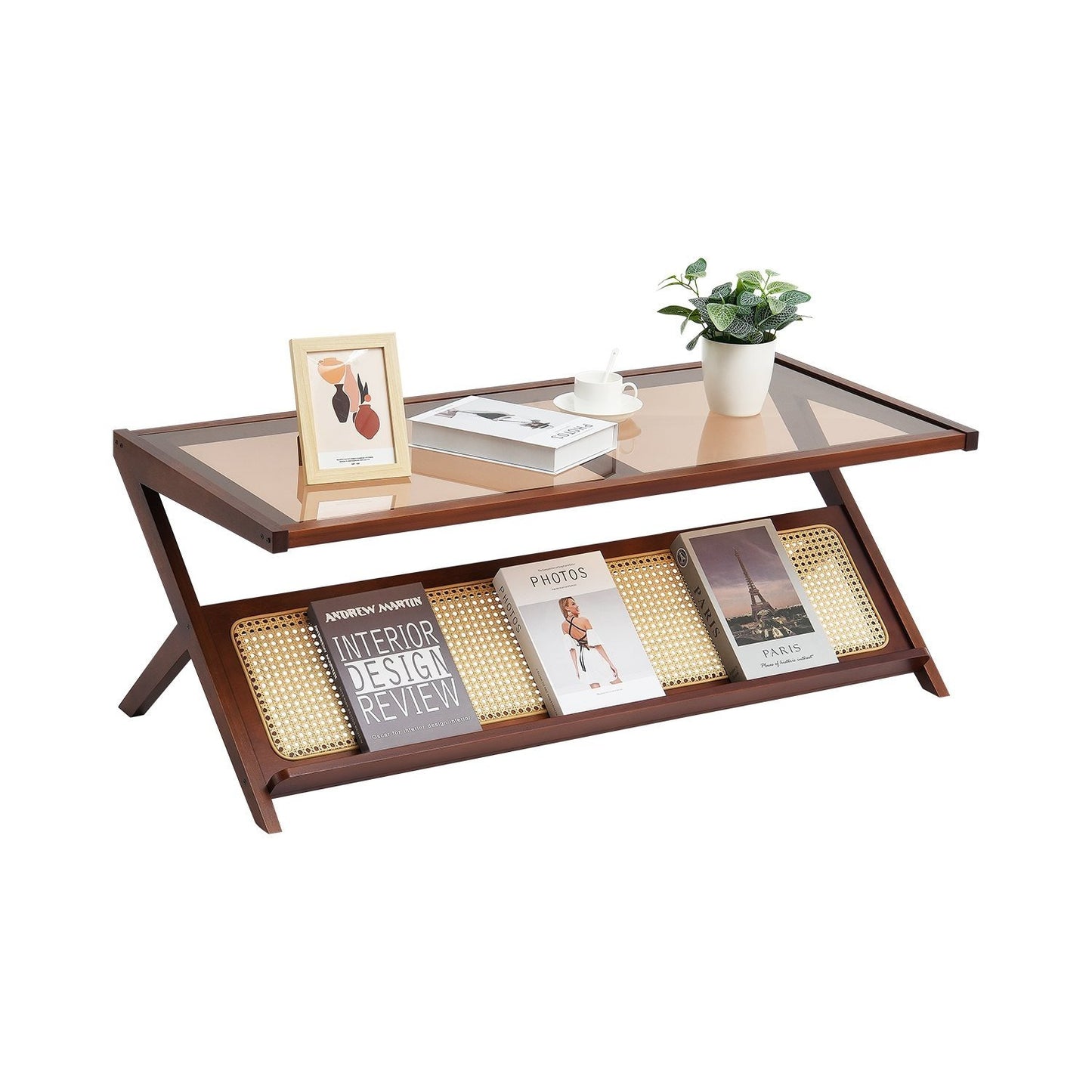 Rotan Salontafel – Rieten Tafel – Bohemian Tafeltje – Rattan Bijzettafel – Z-vormige Salontafel – Gehard Glas Tafelblad – Handgemaakt PE Rotan Frame – 120 cm Breed