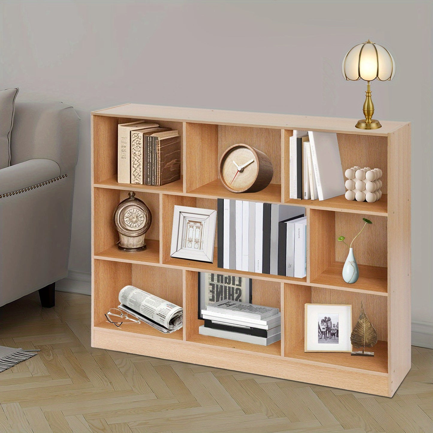 Boekenkast – Boekplank – Open Kast – Stelling – Opbergkast – Modern Eiken – 9 Vakjes – 120 cm Breed – Stevig Houten Ontwerp