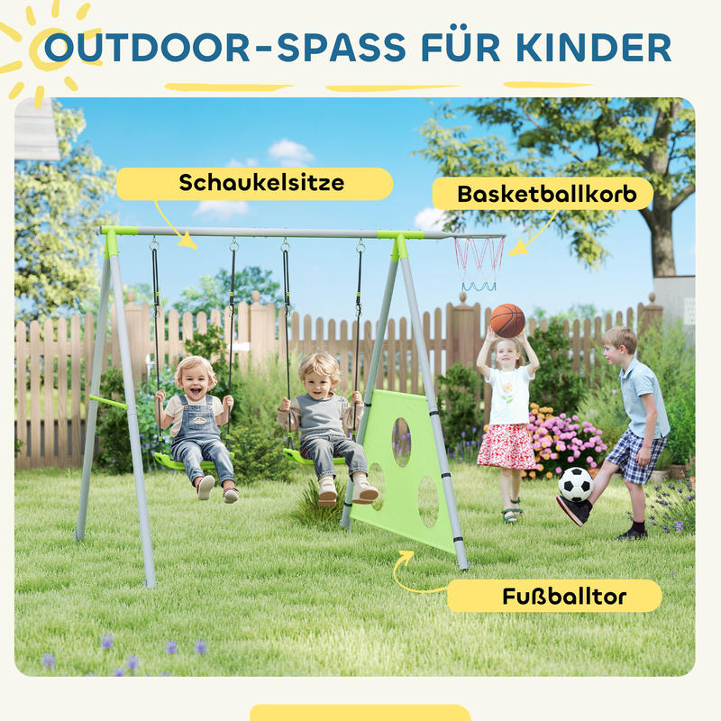 Swing Set for , 2 Swing Seats, 1 Basketball Hoop, 1 Soccer Goal, Metal Frame, Green, ' Play Equipment, ' Playground, Interactive Play Set, Fun Play Equipment, Weatherresistant Material, Safe For, Play Equipment, Sports Play S