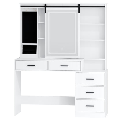 Jewelry Cabinet, Dressing Table with Adjustable LED Lights, Accessory Storage, Removable Large Mirror, with Jewellery Storage, Open Shelves, 5 Drawers, with Beside Table, for Bedroom, White, Jewelry Armoires, Mirror With Jewe - QUORE