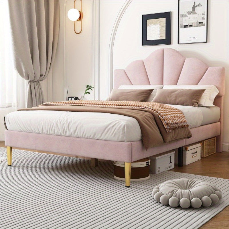 Uitschuifbaar Bed – Tweepersoonsbed – Bedframe – Slaapbank – Bedbodem – 140x190 cm – Velvet Gestoffeerd – Verstelbare Rugleuning met Gouden Poten