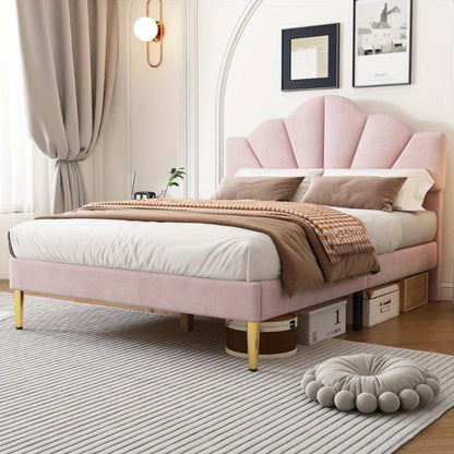 Uitschuifbaar Bed – Tweepersoonsbed – Bedframe – Slaapbank – Bedbodem – 140x190 cm – Velvet Gestoffeerd – Verstelbare Rugleuning met Gouden Poten